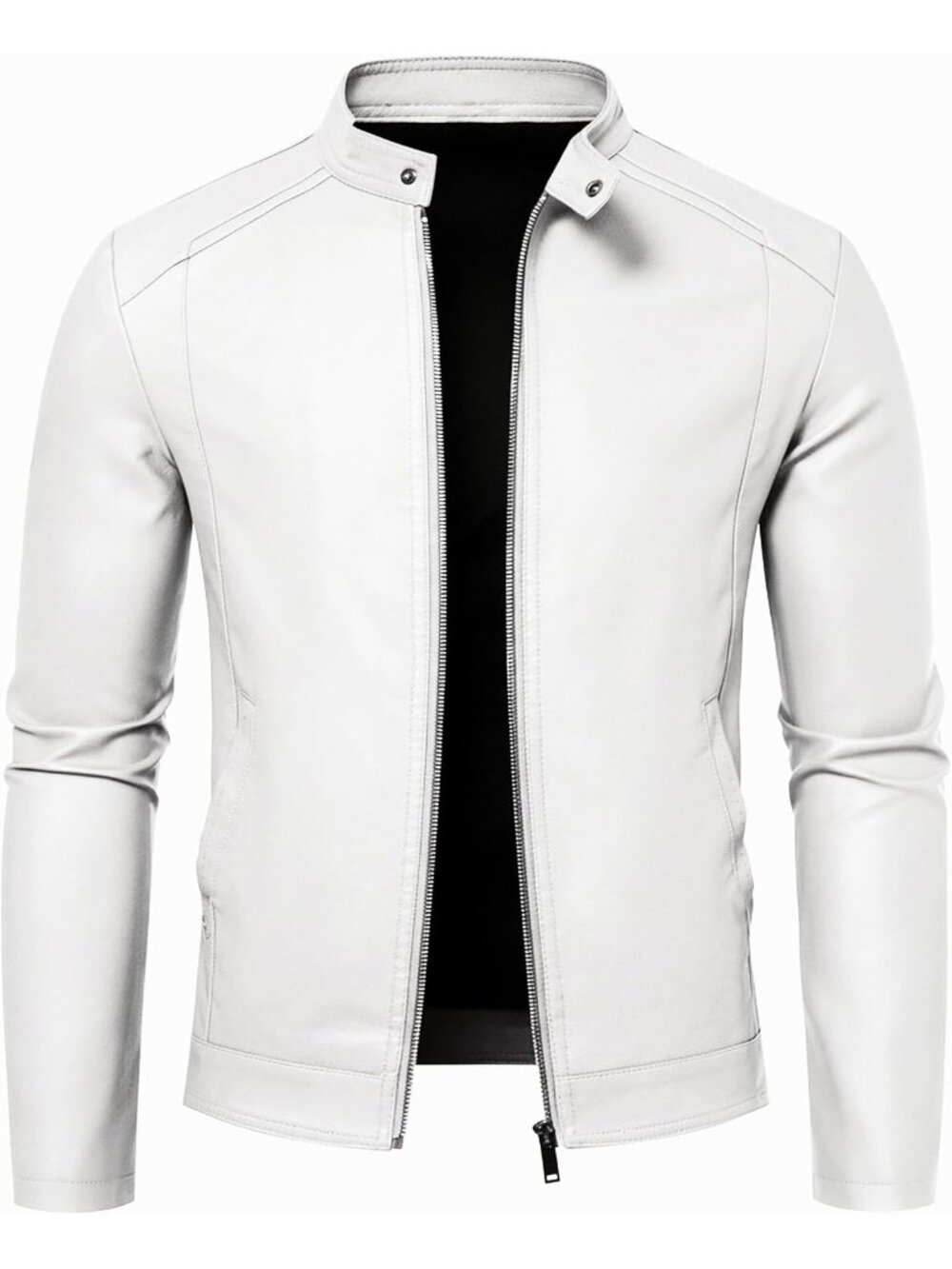 Men’s White Faux Leather Motorcycle Moto Biker Jacket Stand Collar Coat